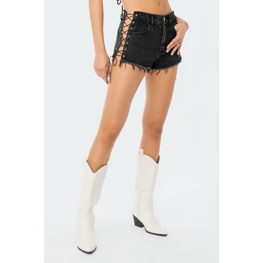 Edikted Lace-up Black Jean Shorts Small NWT